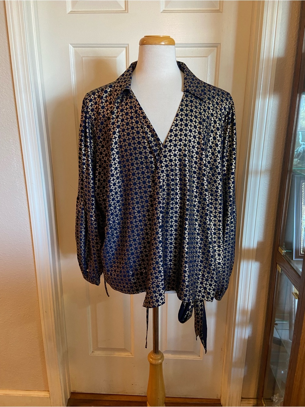 NWT Michael Kors Top 3X Midnightblue Chain Pattern Long Sleeve Tie Knot Front